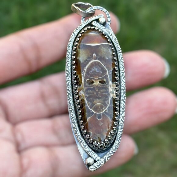 Pendant Fossil Ammonite Agate 3 1/8" Custom Paul Rossman 925 Sterling CSHR 25.6g - Picture 1 of 12